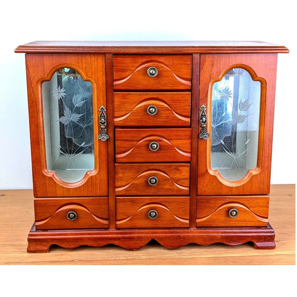 Vintage 80s Jewelry Armoire Etched Floral Glass 5-Drawer Wood Jewelry Chest Box